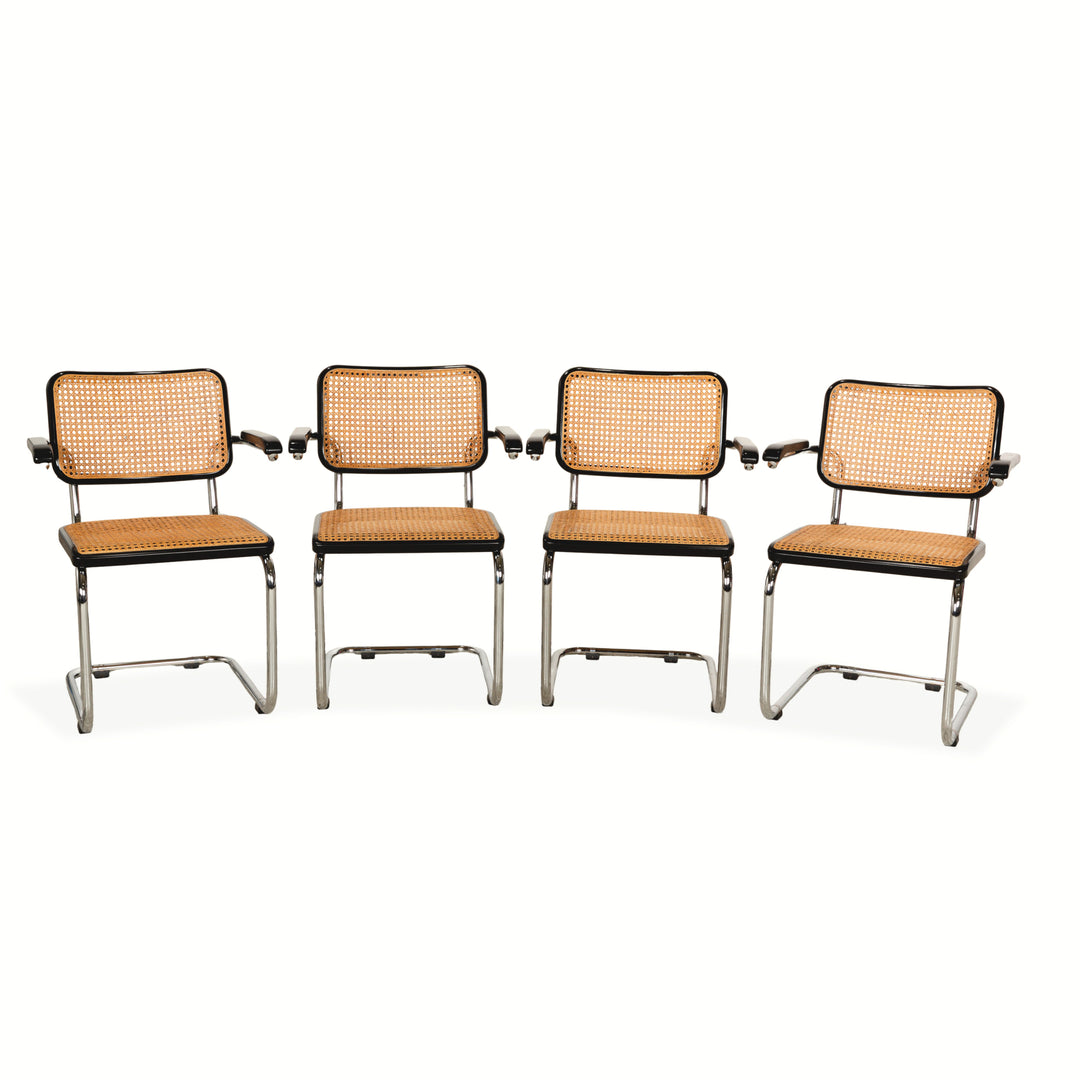 Lot de 4 chaises Thonet S 64, cantilever, accoudoirs, bois, vannerie viennoise, noir marron, salle à manger Bauhaus