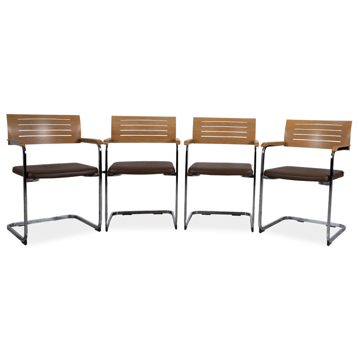 Set of 4 Züco Leather Chairs, Brown Wood