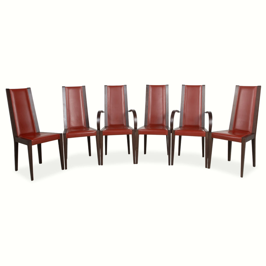 6er Set Roche Bobois Stuhl Garnitur Leder Rot Braun Holz Esszimmer