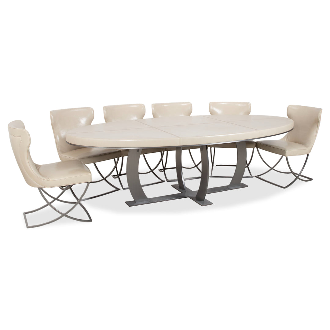 Baxter Gilbert Set 8 Chairs Leather Table White Beige Cream White Stainless Steel Dining Room Oval