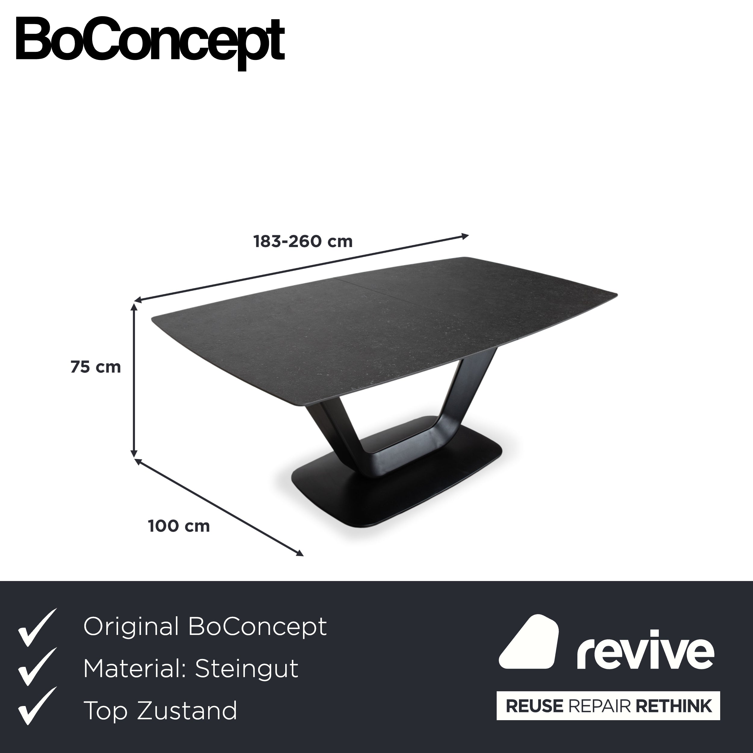 Table extensible BoConcept Alicante noire avec rallonge en grès gris foncé T076 fonction manuelle 183 x 100