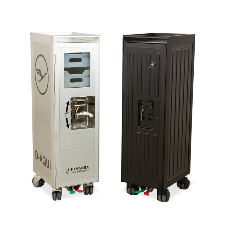 bordbar Lufthansa Ju 52 und voyager Flugzeugtrolley mit Fachboden und Kunststoffschubkasten Silber Grau mit storage neon equipment Rot Schwarz