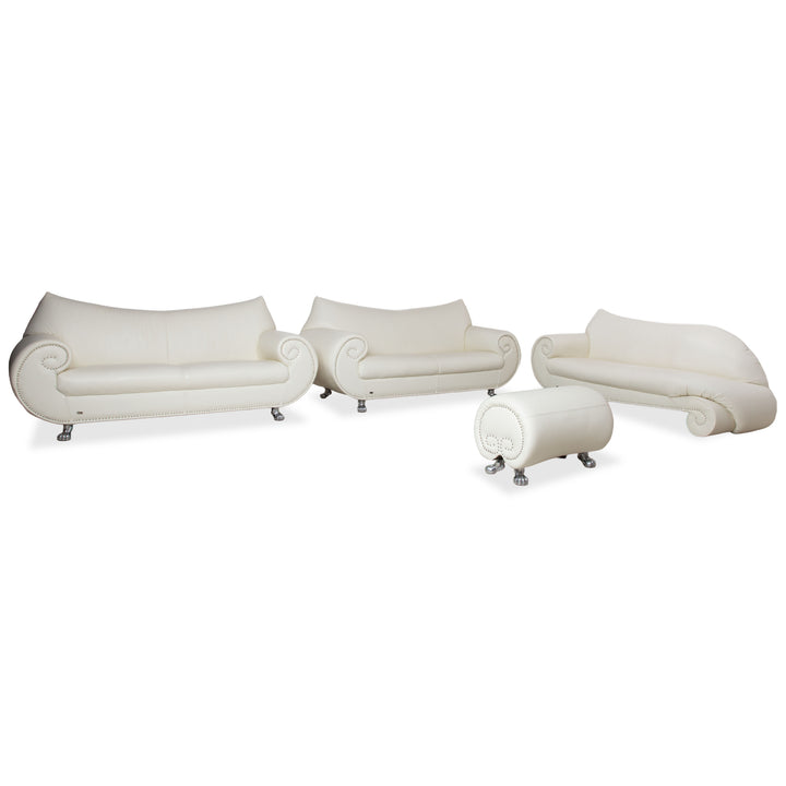 Bretz Gaudi Leder Garnitur 2x Dreisitzer, Recamiere & Hocker Sofa Couch Weiß Creme Beige Silber Löwentatzen Füße Nieten
