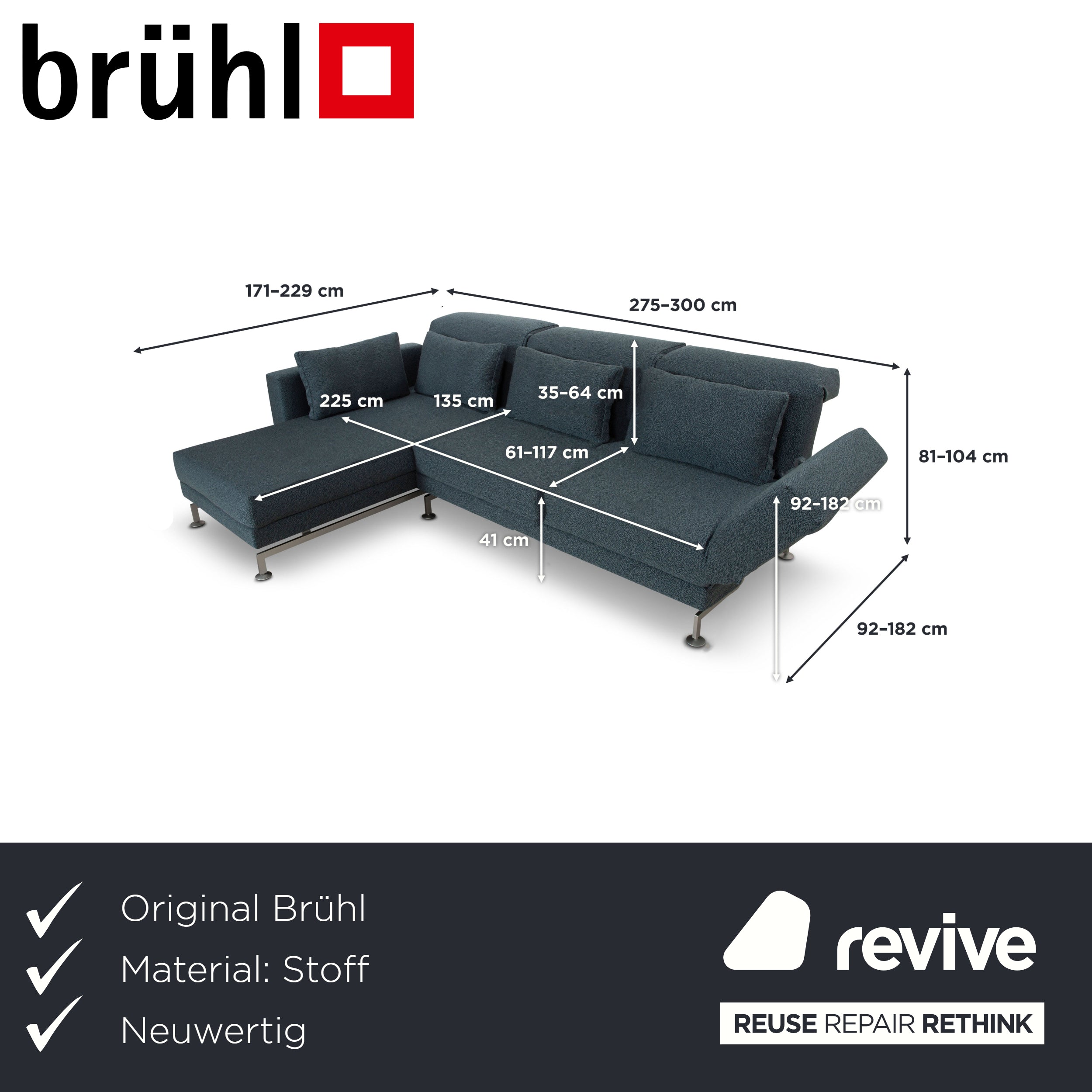 Brühl Moule Stoff Ecksofa Blau Couch manuelle Funktion Recamiere links Neubezug