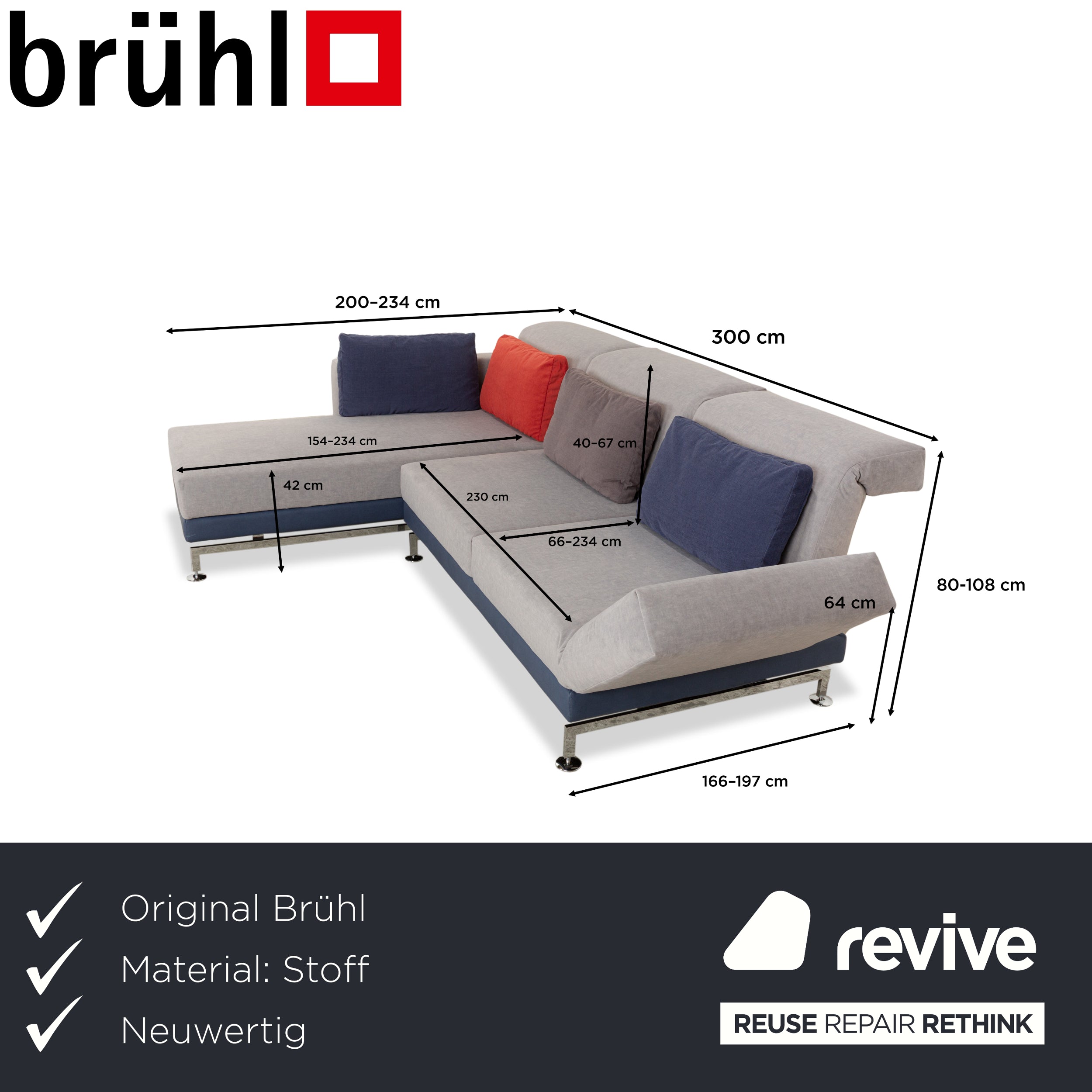 Brühl Moule Stoff Ecksofa Sofa Couch Grau Récamiere Links manuelle Funktion Schlaffunktion Neubezug