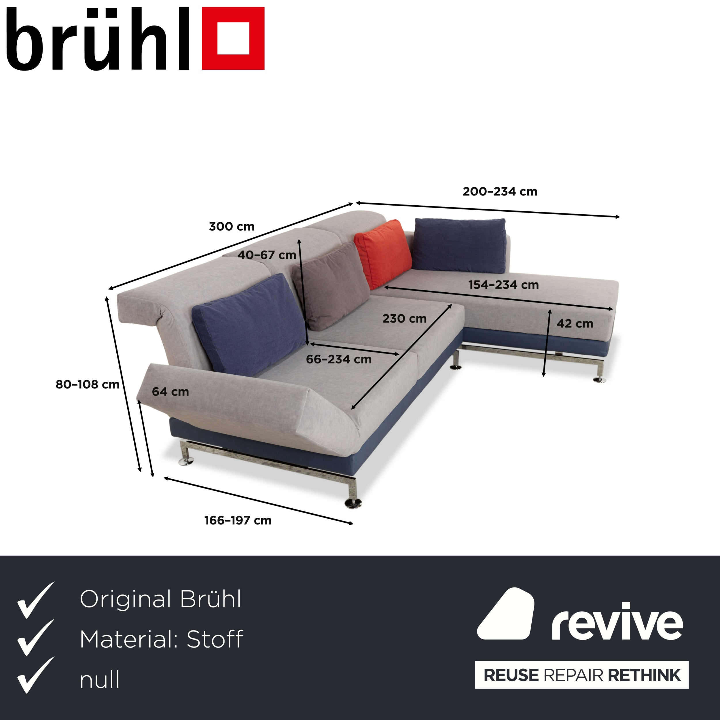 Brühl Moule Stoff Ecksofa Sofa Couch Grau Recamiere Rechts manuelle Funktion Liegefunktion Neubezug