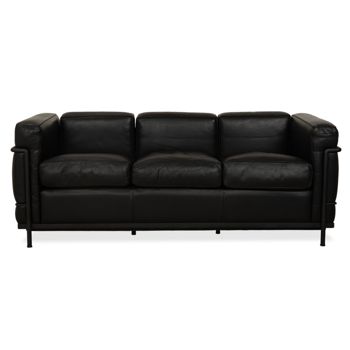 Cassina LC 2 Leather Three-Seater Black Sofa Couch