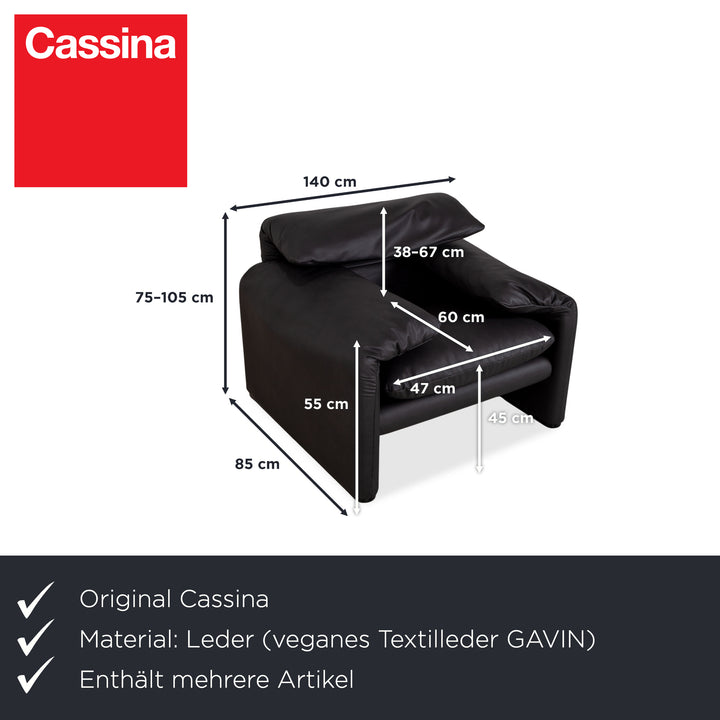 Cassina Maralunga Sessel + Hocker veganes Leder GAVIN 117 Anthrazit manuelle Funktion