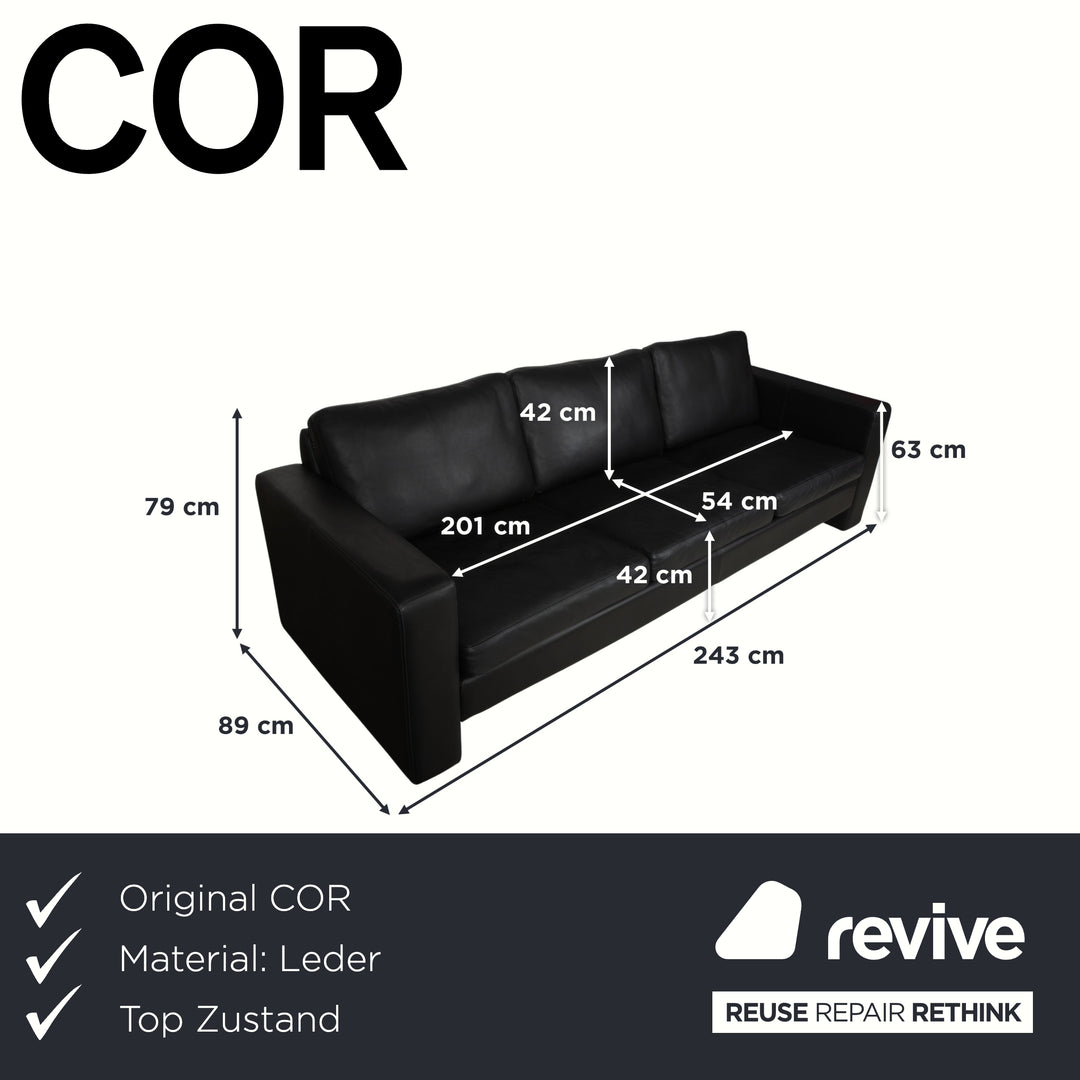 COR Conseta Leather Three-Seater Black Sofa Couch