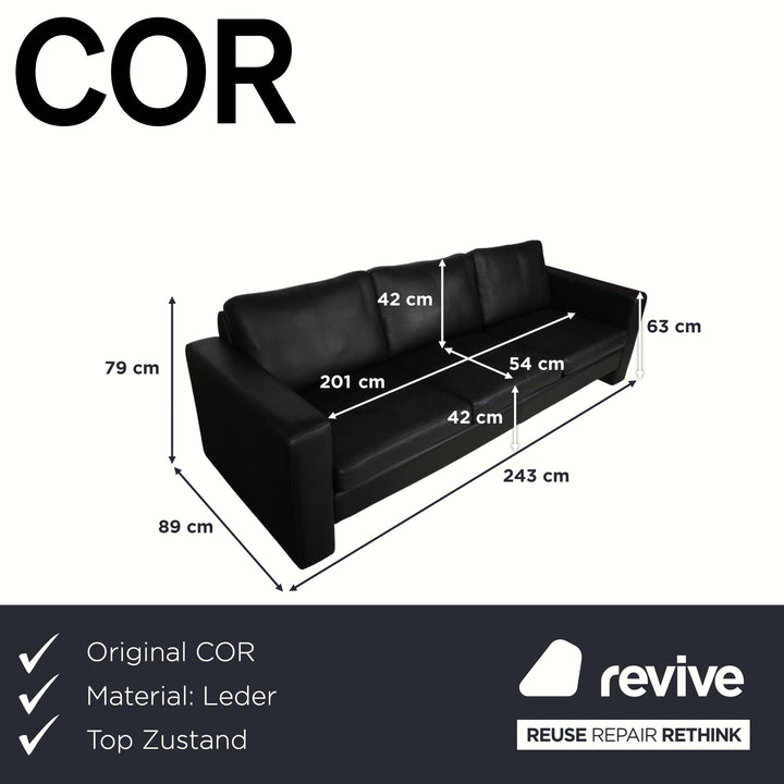 COR Conseta Leather Three-Seater Black Sofa Couch