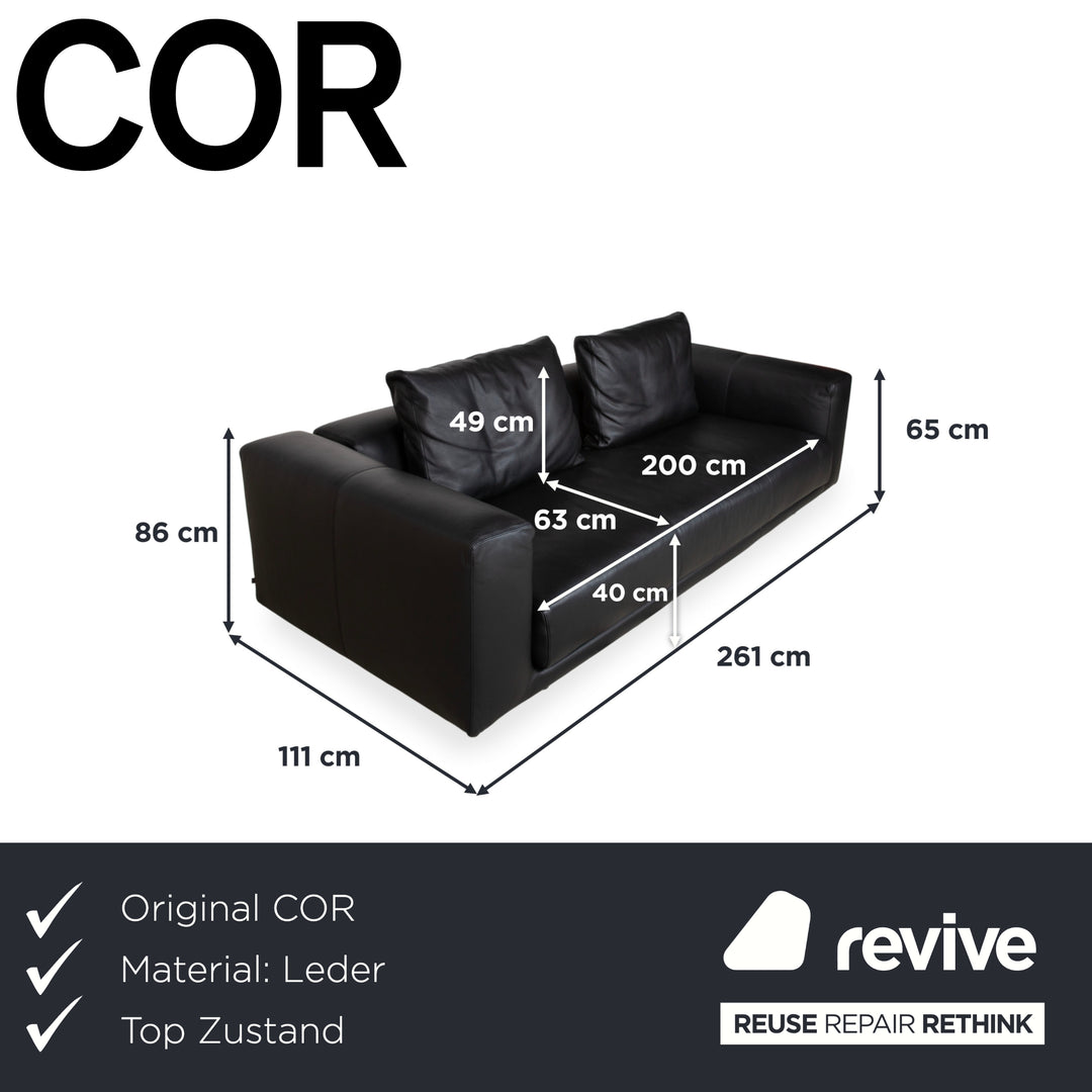 COR Moss Leather Three-Seater Black Sofa Couch