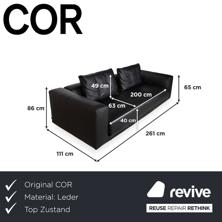 COR Moss Leather Three-Seater Black Sofa Couch