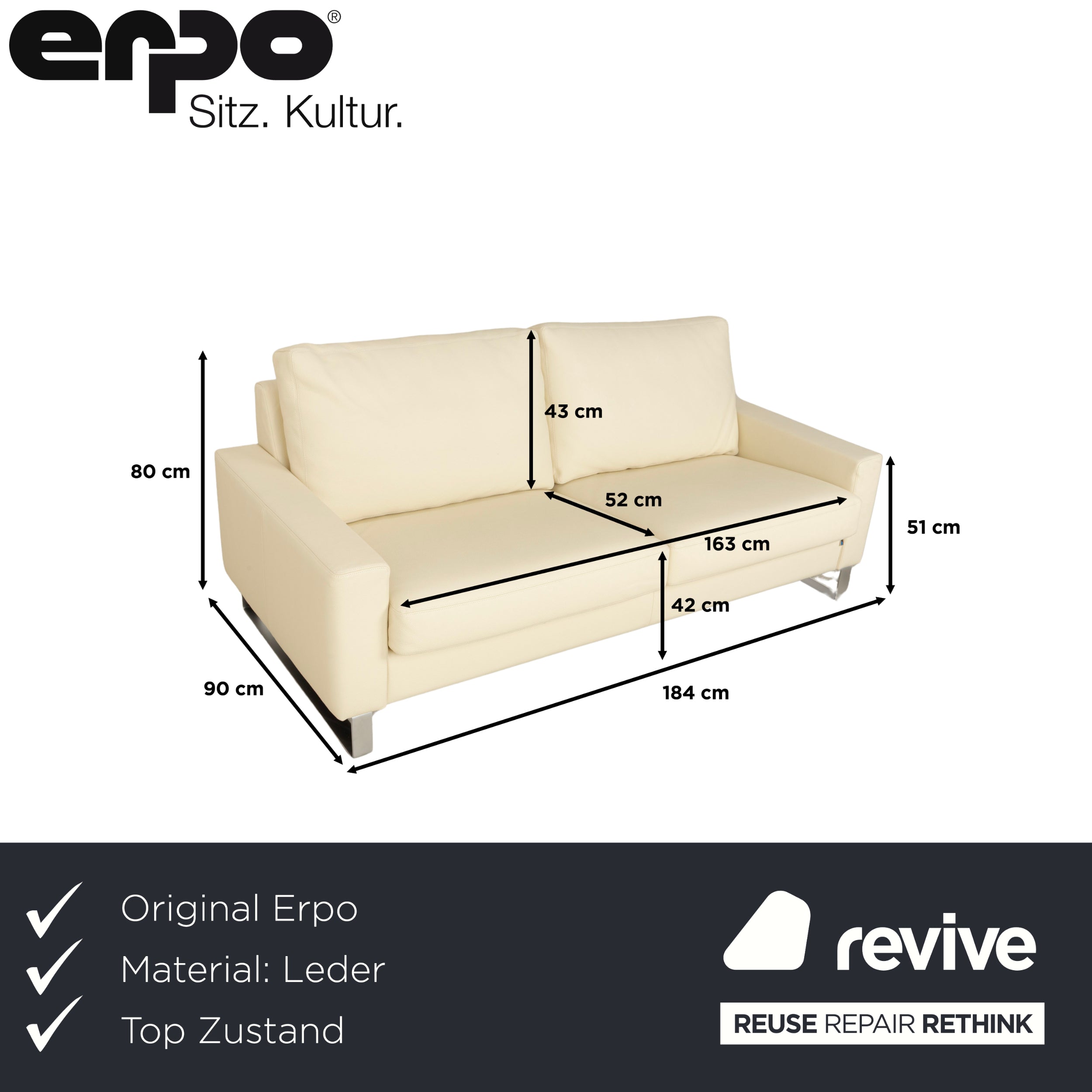 Erpo CL 500 Leder Dreisitzer Creme Sofa Couch