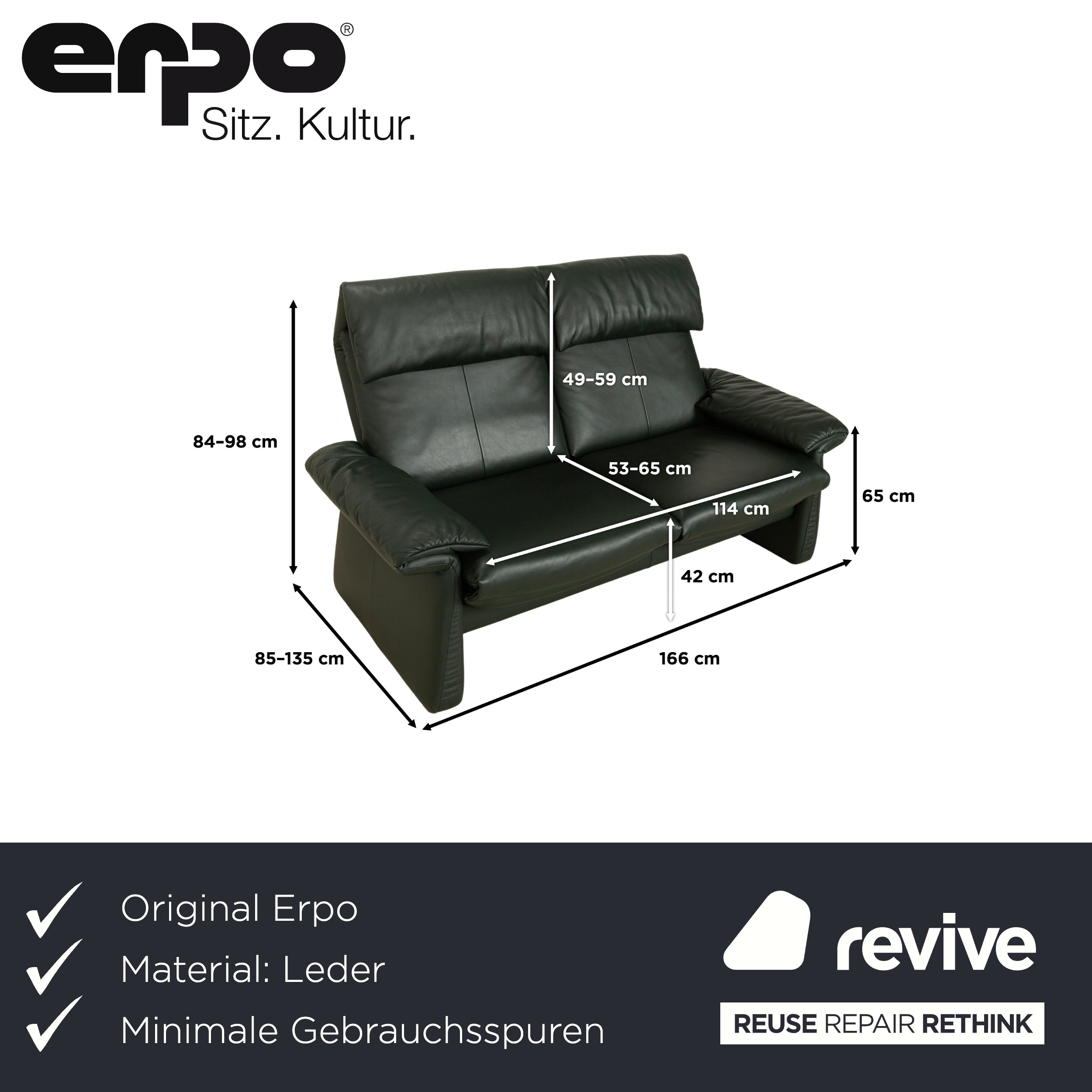 Erpo Lugano Leder Zweisitzer Grün manuelle Funktion Sofa Couch