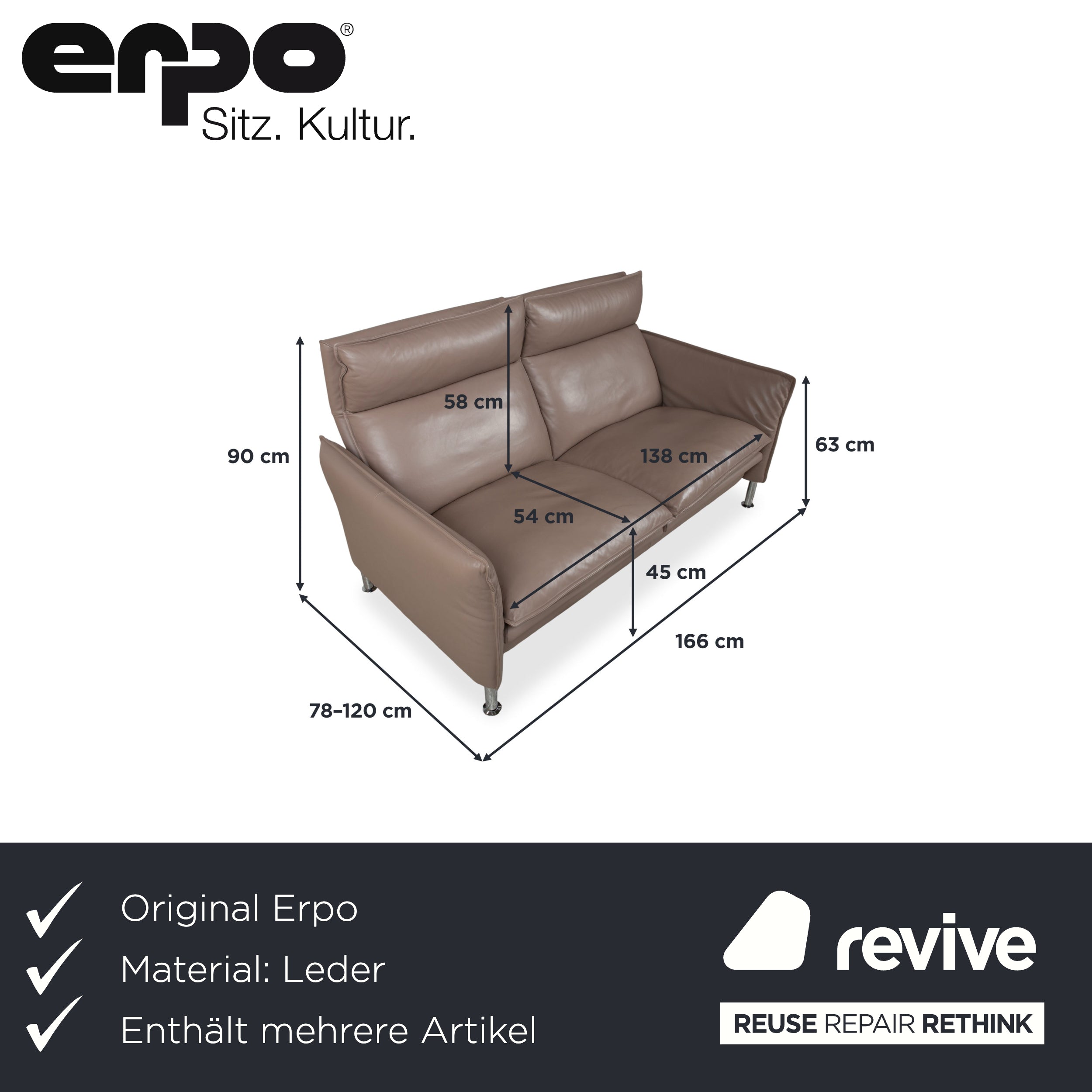 Erpo Porto Garnitur Leder Dreisitzer Zweisitzer Braun Taupe manuelle Funktion Sofa Couch