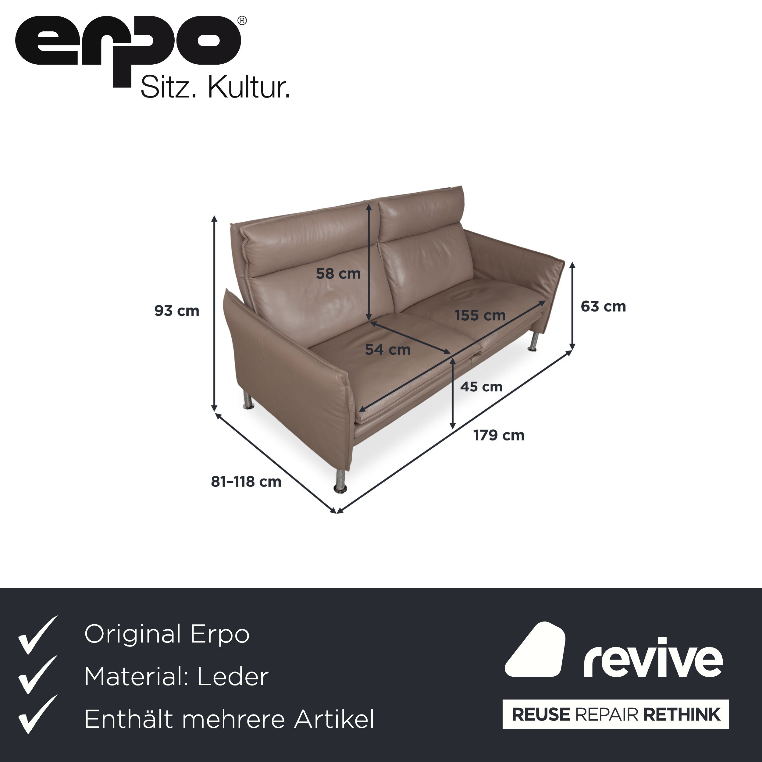 Erpo Porto Garnitur Leder Dreisitzer Zweisitzer Sessel Hocker Braun Taupe manuelle Funktion Sofa Couch