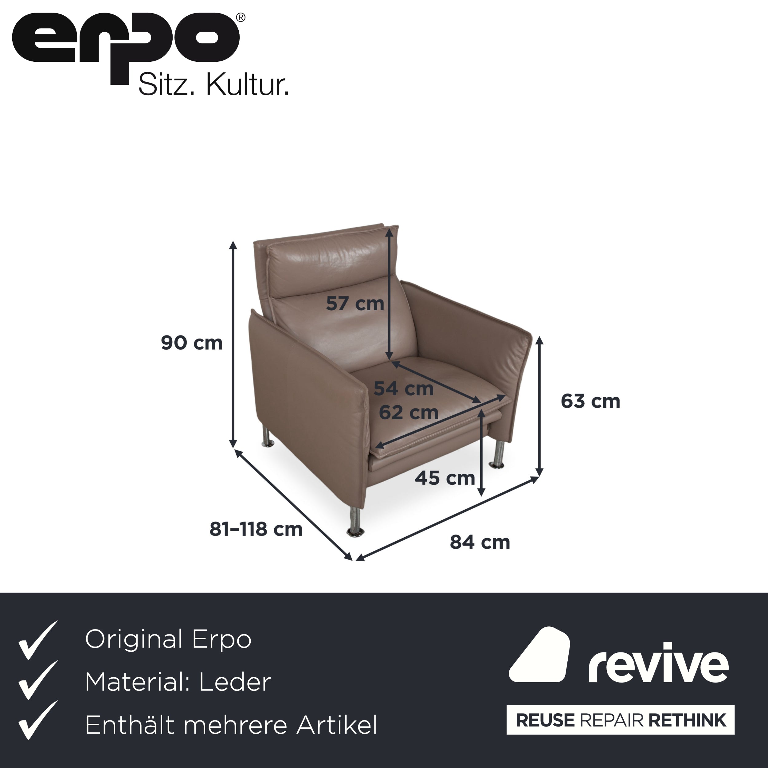 Erpo Porto Garnitur Leder Dreisitzer Zweisitzer Sessel Hocker Braun Taupe manuelle Funktion Sofa Couch