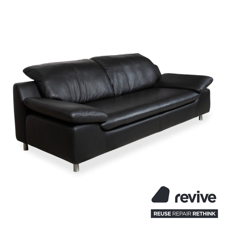 Ewald Schillig Leather Suite Two-Seater Three-Seater Ottoman Black Sofa Couch Manual Function