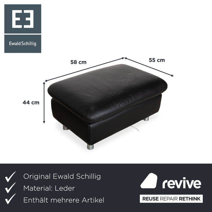 Ewald Schillig Leather Suite Two-Seater Three-Seater Ottoman Black Sofa Couch Manual Function