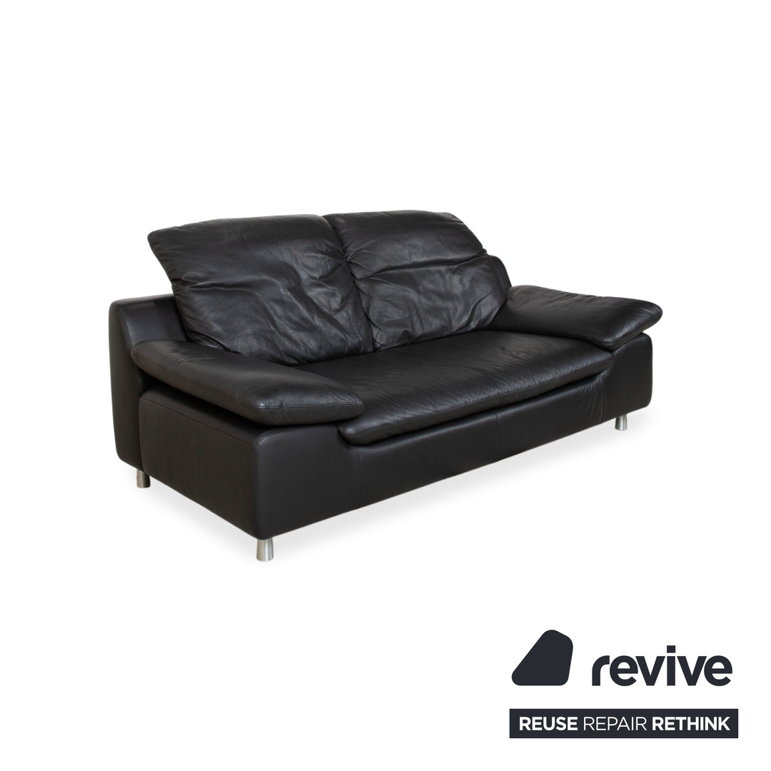 Ewald Schillig Leather Suite Two-Seater Three-Seater Ottoman Black Sofa Couch Manual Function