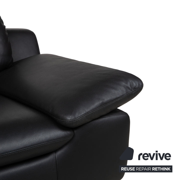 Ewald Schillig Leather Suite Two-Seater Three-Seater Ottoman Black Sofa Couch Manual Function