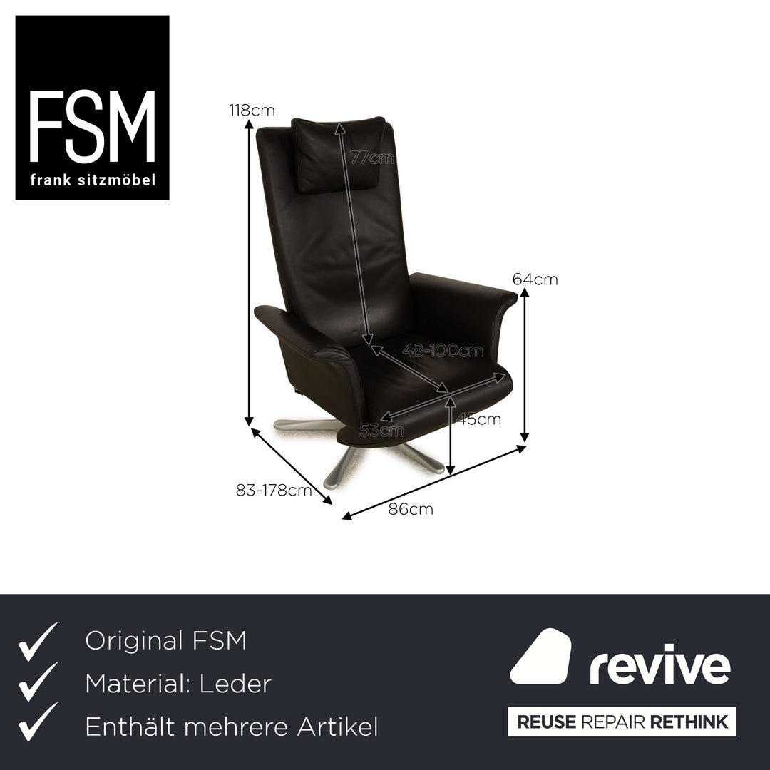 Ensemble de fauteuils en cuir FSM Filou noir, chaise de relaxation à fonction manuelle