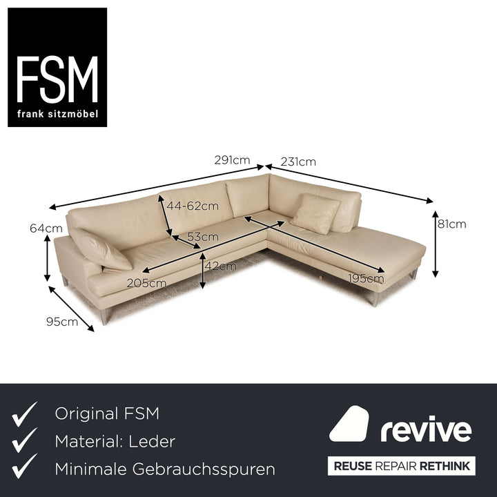 FSM Leder Ecksofa Creme Sofa Couch Funktion Recamiere rechts