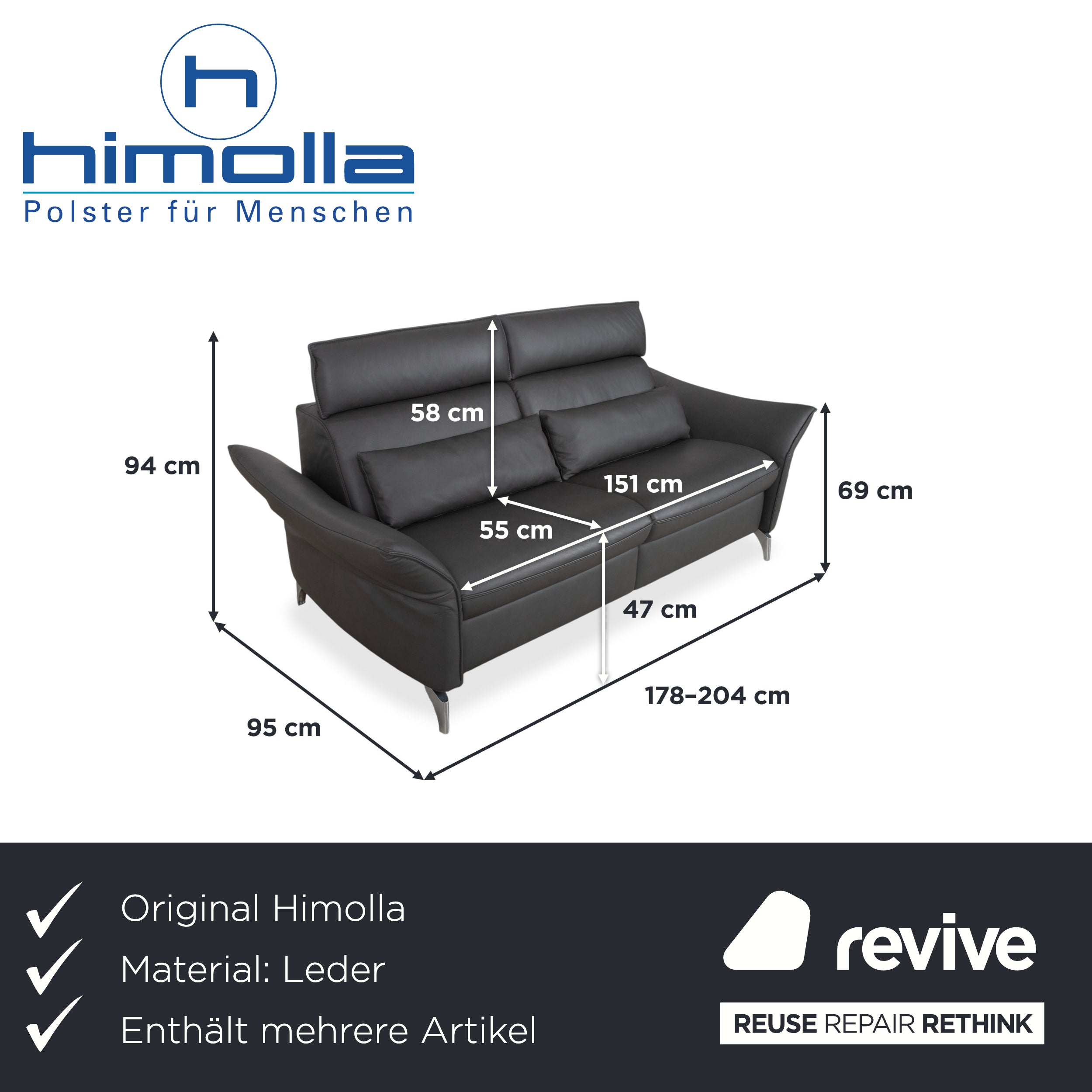 Himolla Weilheim Zweisitzer Dreisitzer Leder Sofa Grau manuelle Funktion Couch