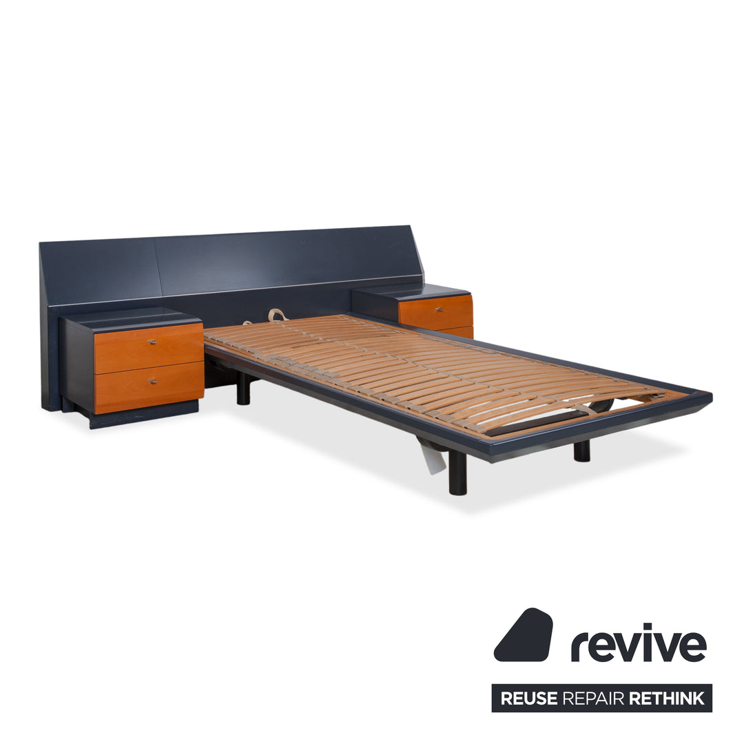 Interlübke Holz Bett Holz Dunkelblau Navyblau Braun Schlaffzimmer manuelle Funktion inkl. 2 Nachtische