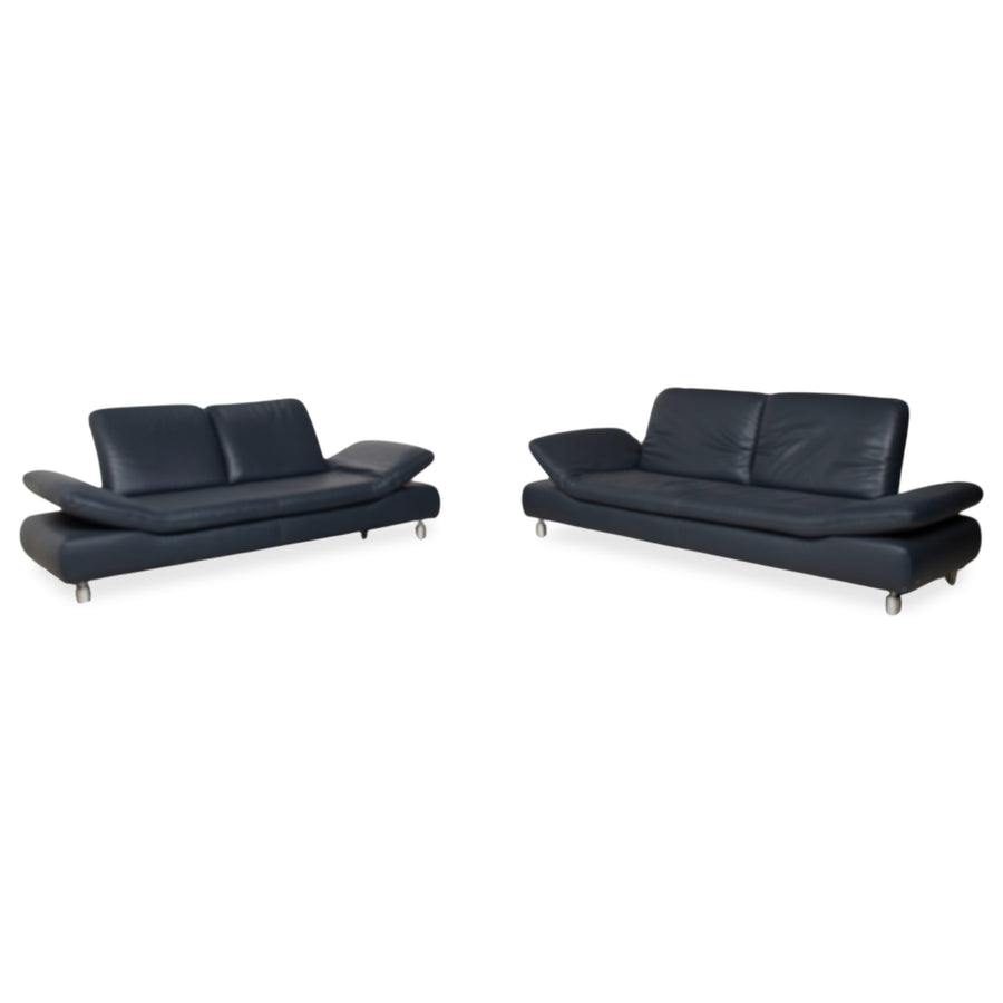Koinor Rivoli Garnitur Dreisitzer Zweisitzer Leder Sofa Blau manuelle Funktion Couch
