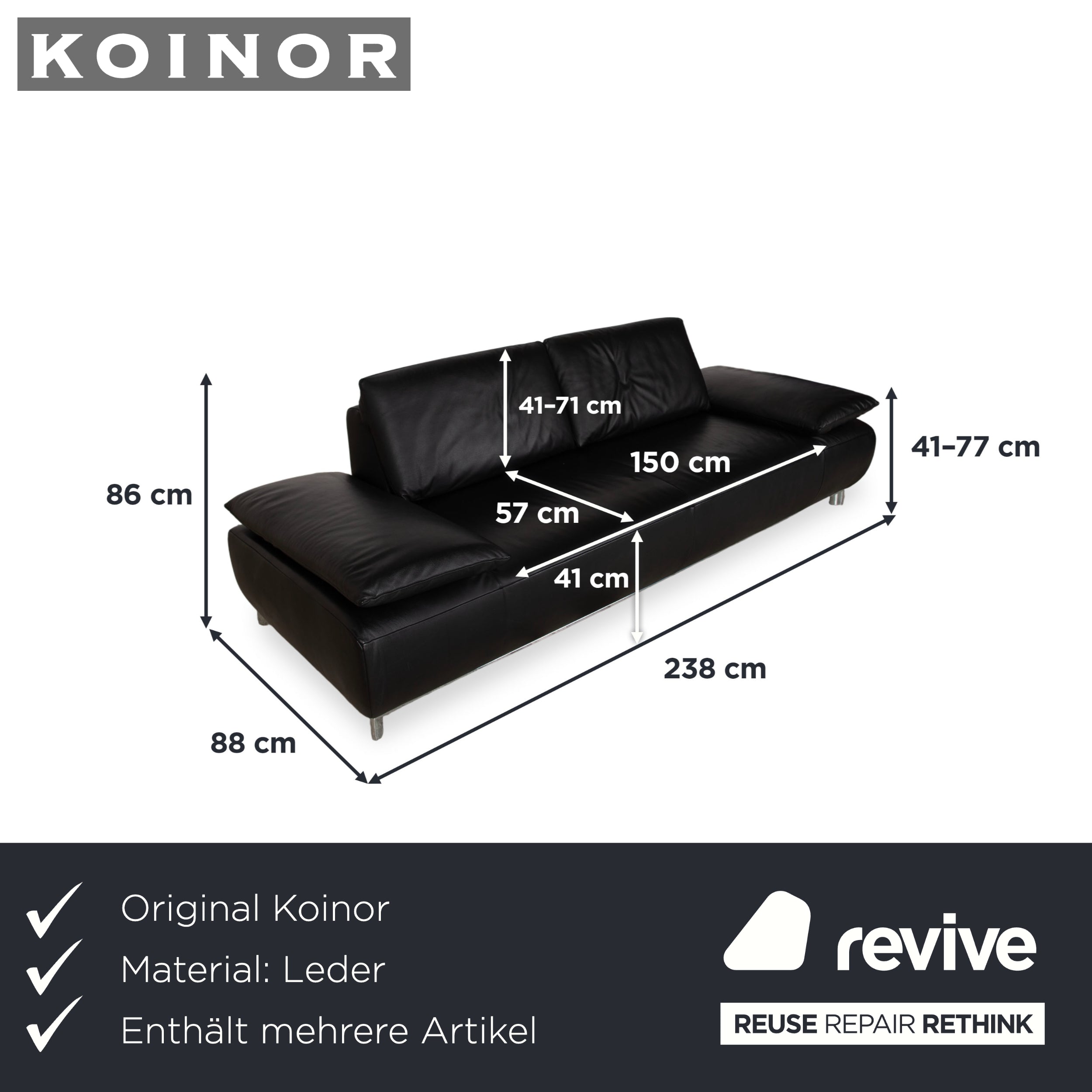 Koinor Volare Garnitur Leder Zweisitzer Dreisitzer Schwarz manuelle Funktion Sofa Couch