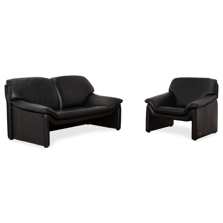 Laauser Atlanta Two-Seater Leather Suite Armchair Black Sofa Couch