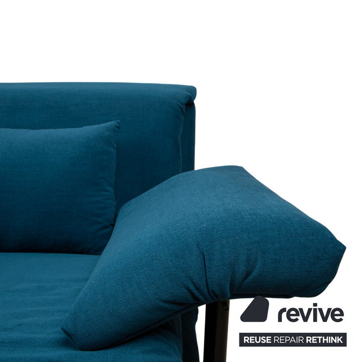 Ligne Roset Multy three-seater, fabric blue, including armrests, frame black, manual sleeper function, reupholstered
