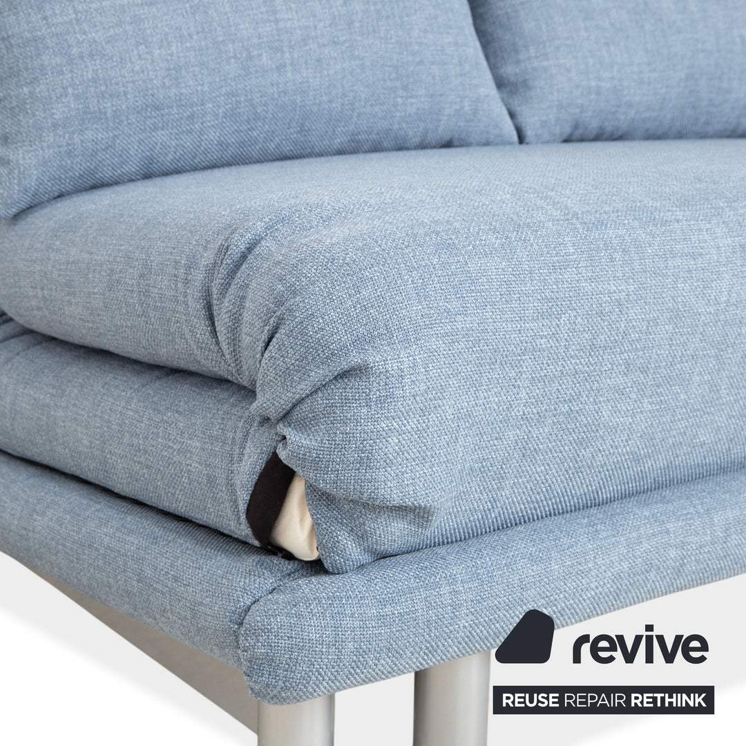 Ligne Roset Multy Zweisitzer Stoff Blau Hellblau Powderblue Silber manuelle Schlaffunktion Schlafsofa Couch Neubezug