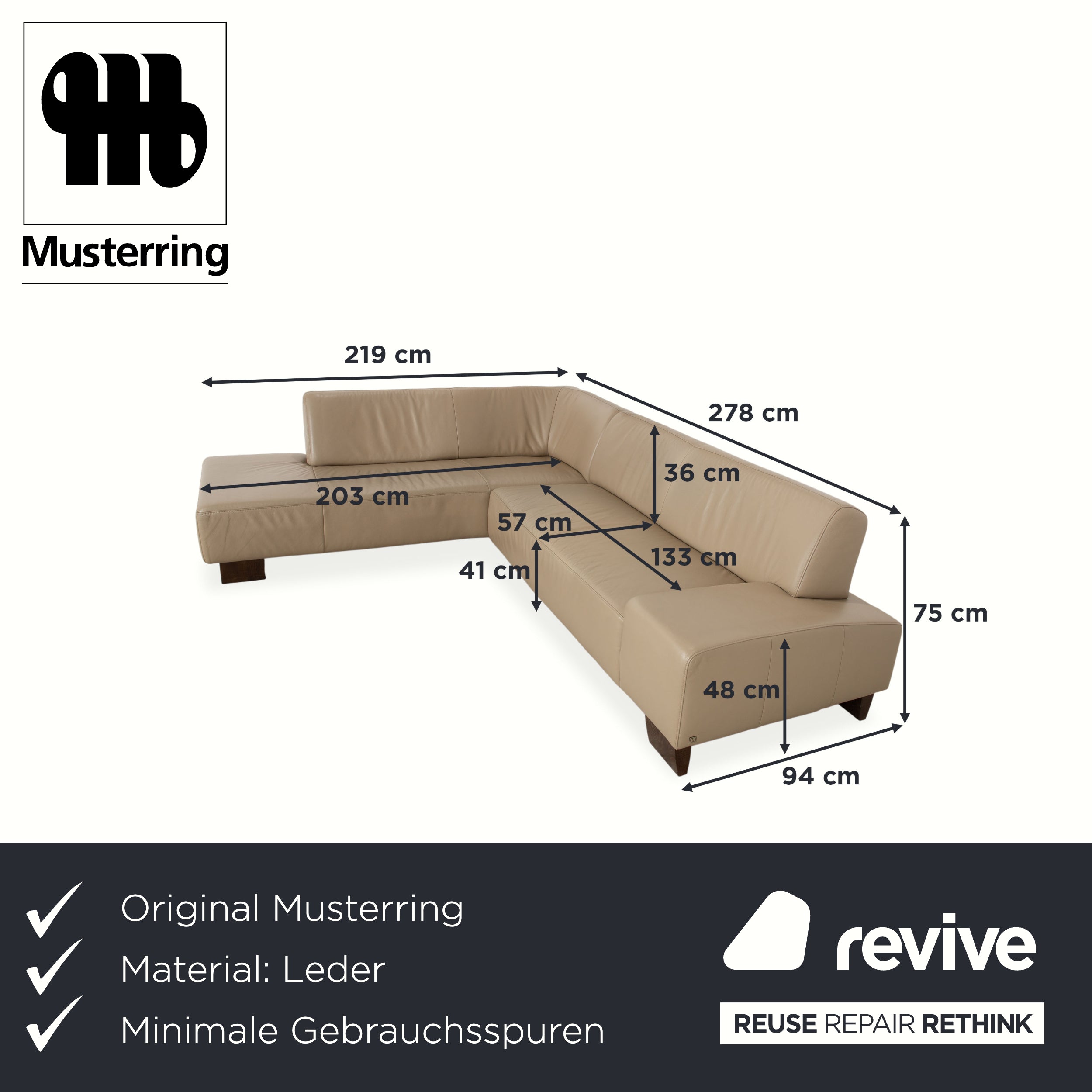 Canapé d'angle en cuir et bois Musterring, beige-taupe
