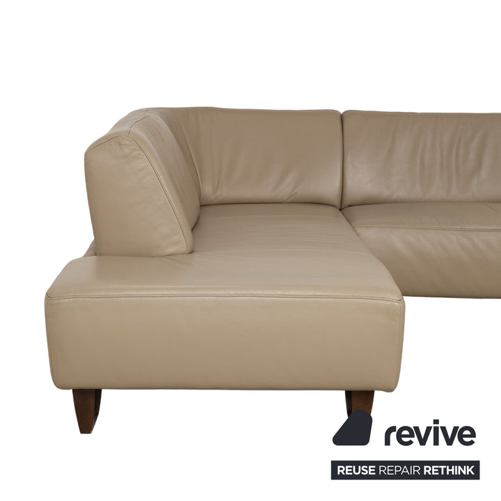 Musterring Leather Wood Corner Sofa Beige Taupe Sofa Couch