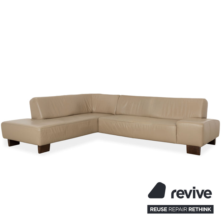 Canapé d'angle en cuir et bois Musterring, beige-taupe