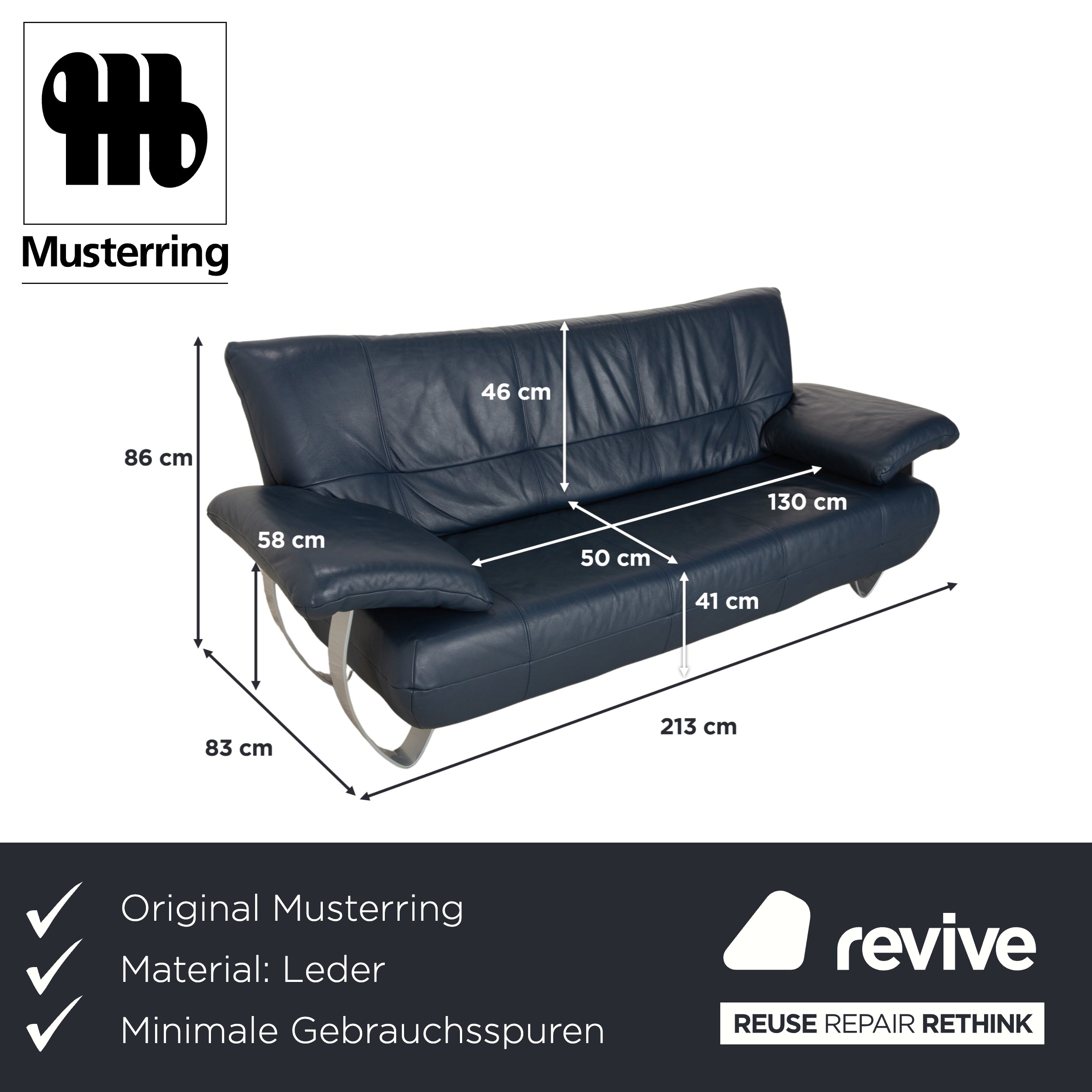 Musterring Leather Two-Seater Blue Sofa Couch