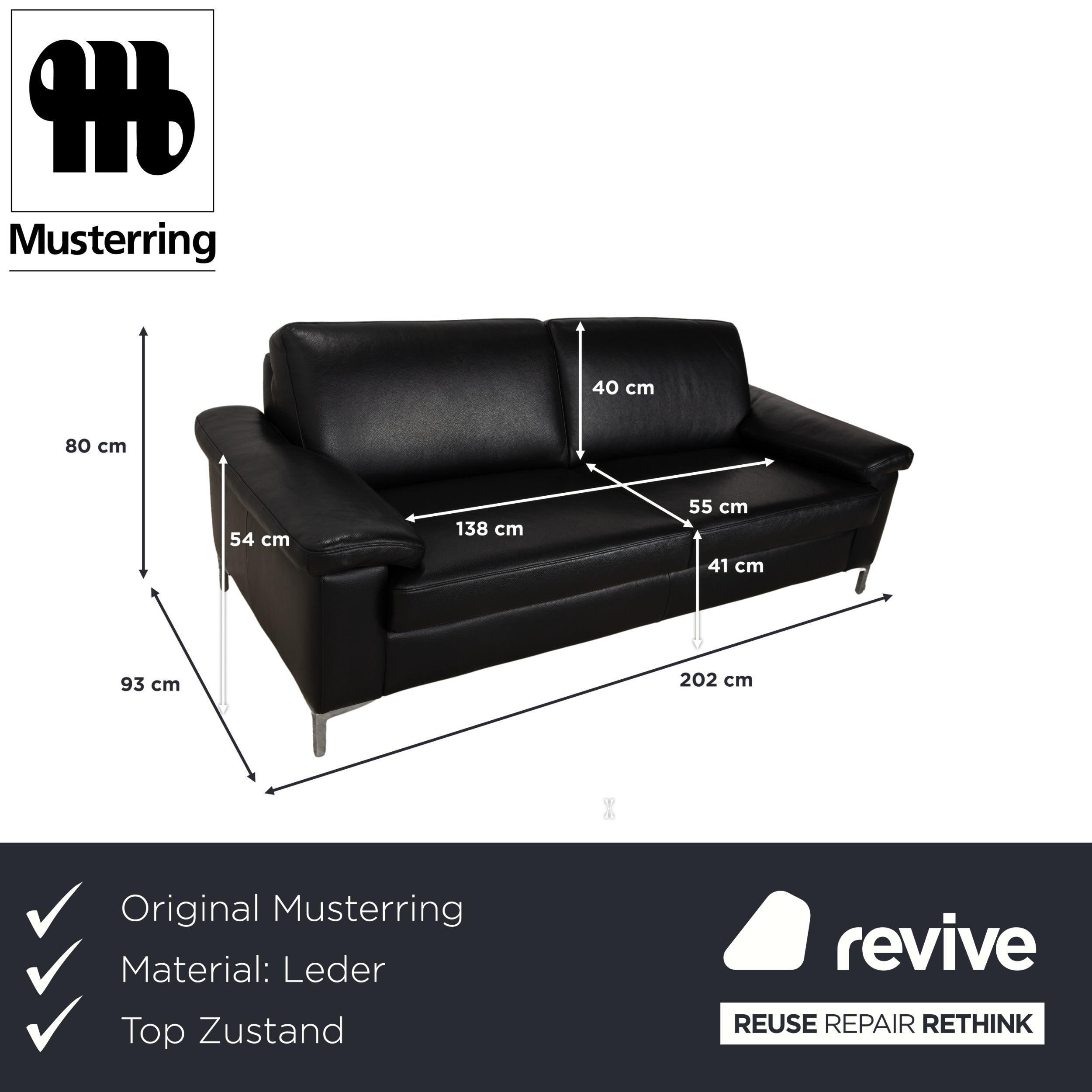 Musterring MR 2875 Leather Two-Seater Black Sofa Couch