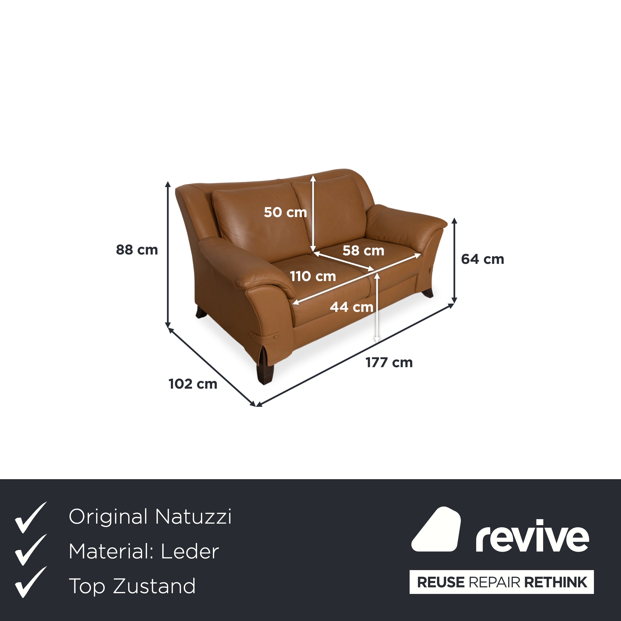 Natuzzi Leder Zweisitzer Braun Cognac Sofa Couch
