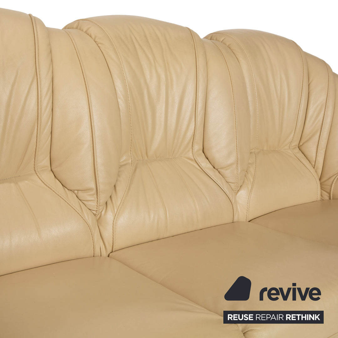Nieri Leather Wood Three-Seater Cream Brown Sofa Couch