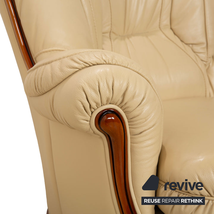 Nieri Leather Wood Three-Seater Cream Brown Sofa Couch