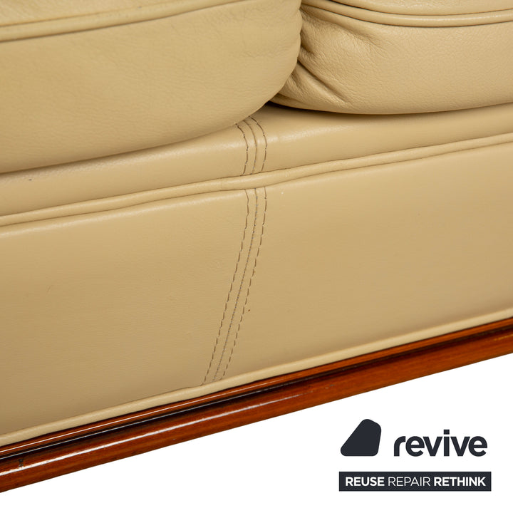 Nieri Leather Wood Three-Seater Cream Brown Sofa Couch