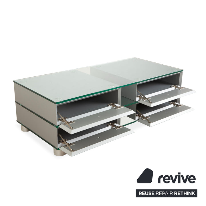 Buffet Spectral en verre, bois et métal, buffet bas marron et gris, meuble TV
