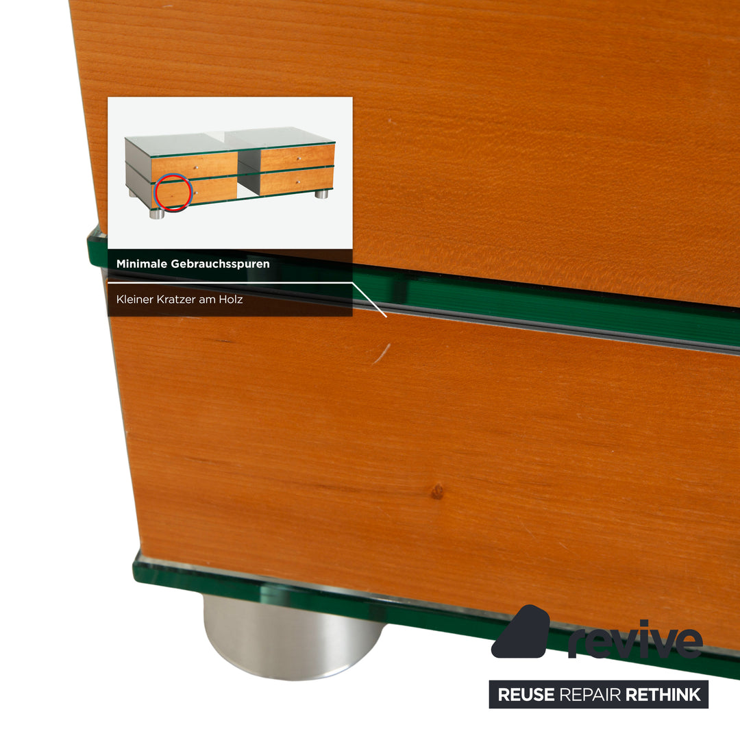 Buffet Spectral en verre, bois et métal, buffet bas marron et gris, meuble TV