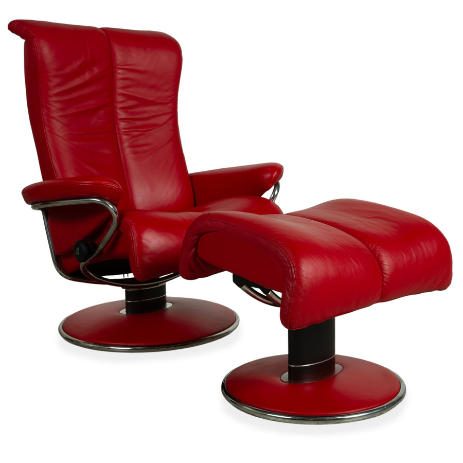 Fauteuil inclinable Stressless Blues en cuir rouge avec repose-pieds et fonction d'inclinaison manuelle