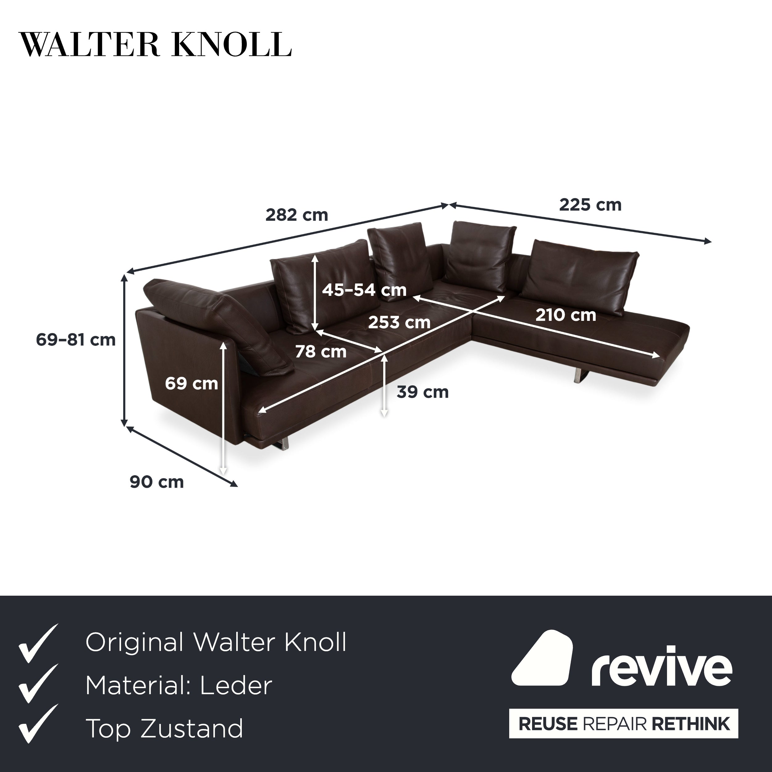 Canapé d'angle en cuir Walter Knoll Prime Time, marron, avec récamière à droite