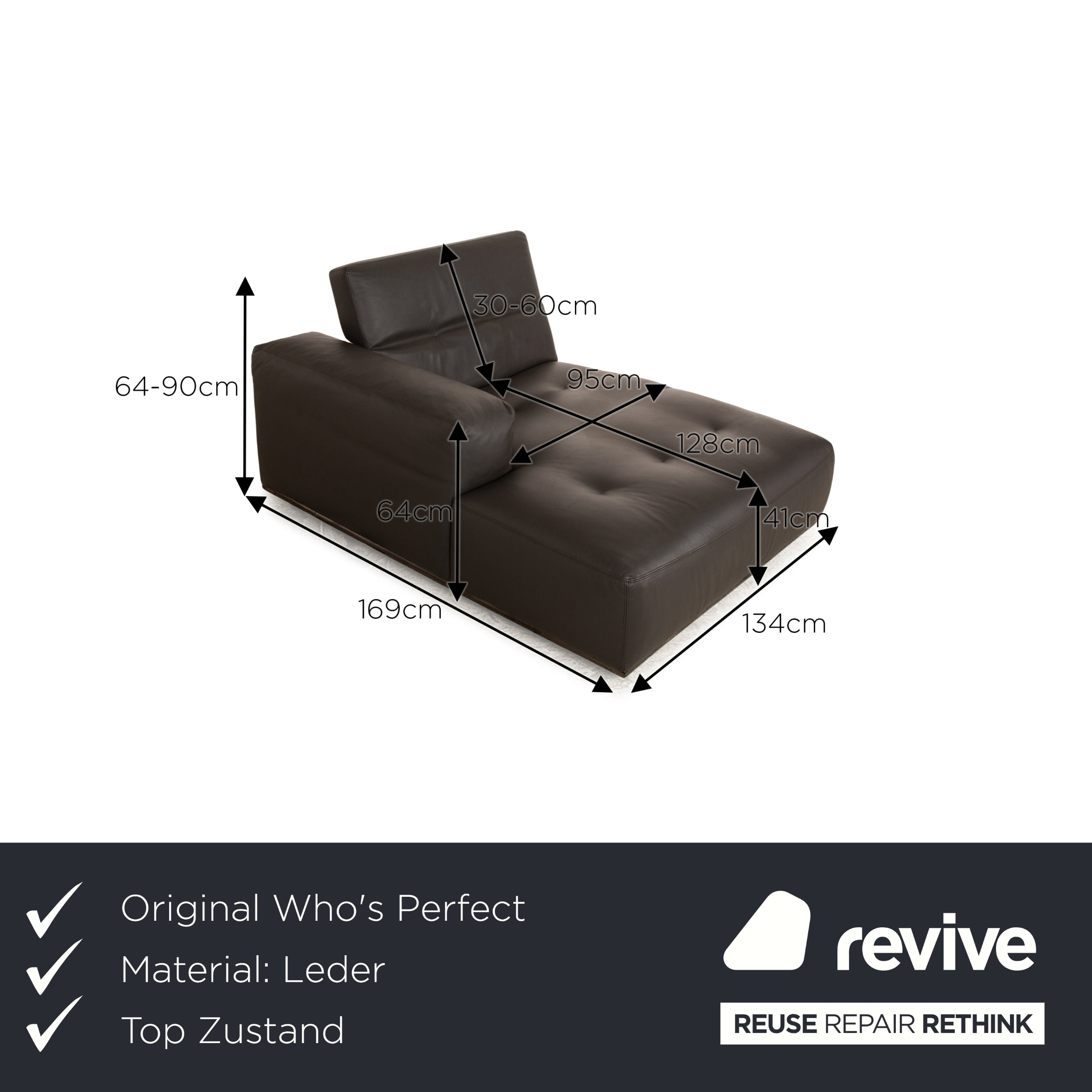 Who's Perfect Chaise longue en cuir marron marron foncé Daybed fonction manuelle
