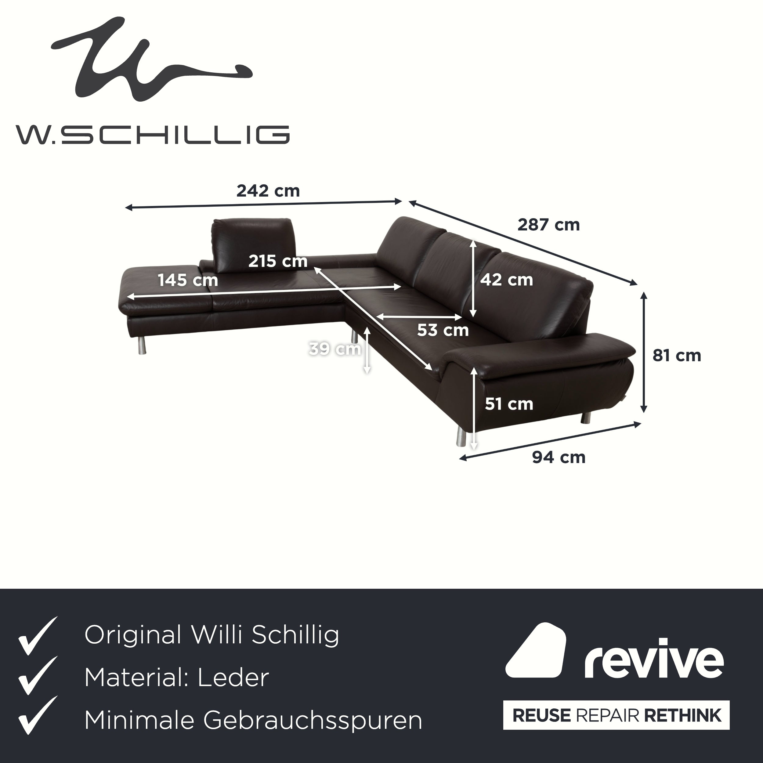 Willi Schillig Loop Leder Ecksofa Dunkelbraun manuelle Funktion Sofa Couch
