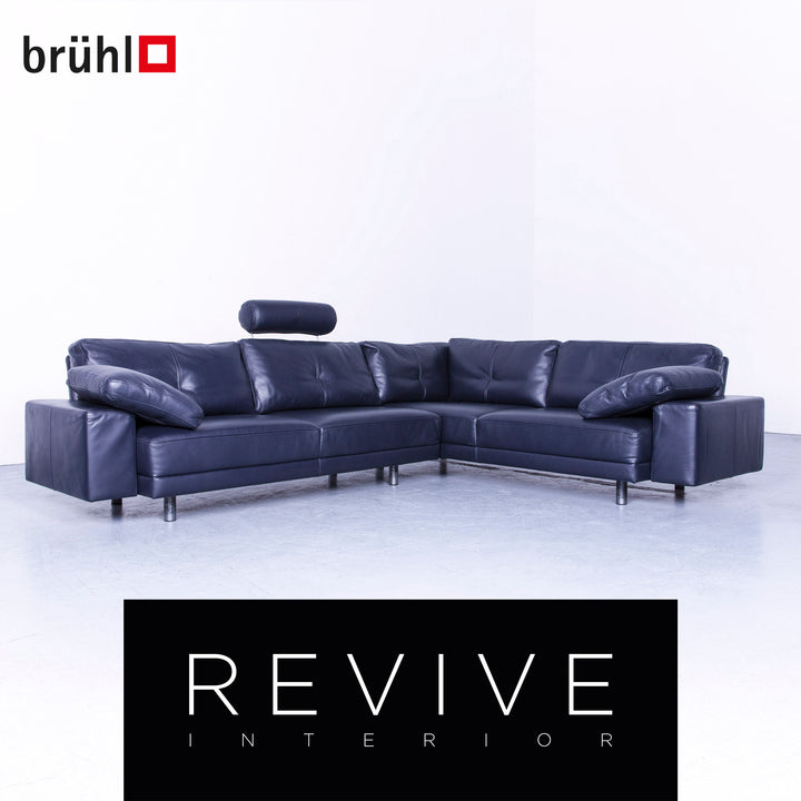 Brühl Designer Leather Corner Sofa Black Genuine Leather Headrest Couch #4673